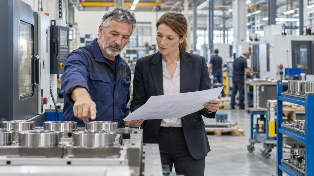Manufacturing technician and investment manager reviewing equipment on a factory floor