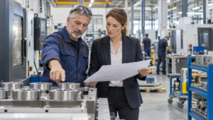 Manufacturing technician and investment manager reviewing equipment on a factory floor