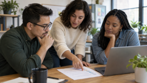 Small business team reviewing practical AI governance guidelines in a meeting