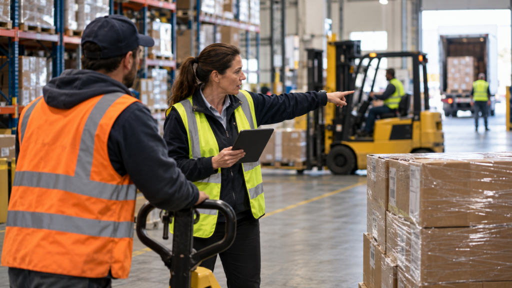 Warehouse operations team using live data to coordinate an inventory decision