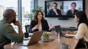 Hybrid team holding a focused decision meeting with remote colleagues