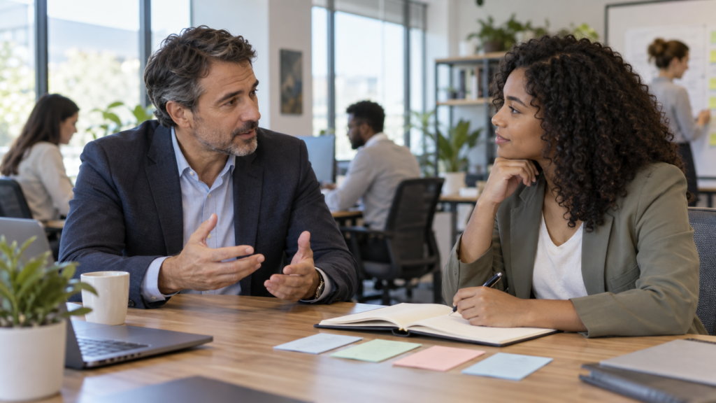 Manager guiding a new employee through a structured onboarding conversation