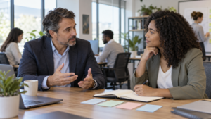 Manager guiding a new employee through a structured onboarding conversation