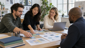 Consulting team organizing a structured service package with a client