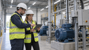 Engineer and finance specialist inspecting efficient industrial equipment
