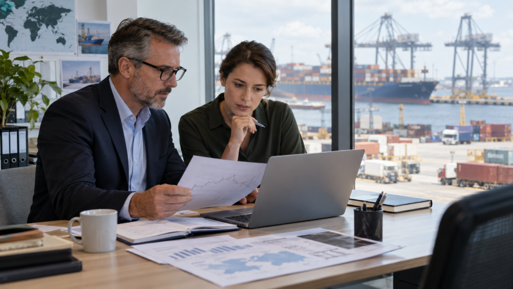 Finance professionals reviewing currency exposure in an office overlooking a freight port