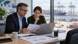 Finance professionals reviewing currency exposure in an office overlooking a freight port